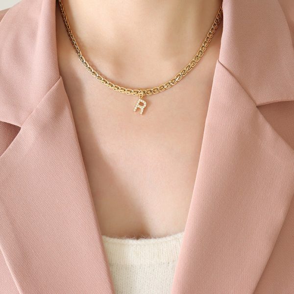 Brass Inlaid Zircon Letter Pendant Necklace#2